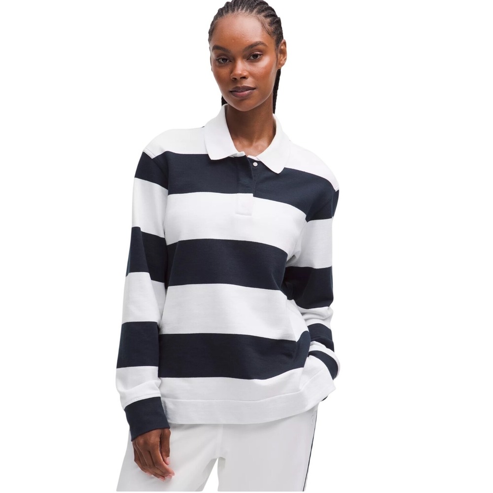 Lululemon Rugby Shirt Small Navy White Stripe Long Sleeve French Terry